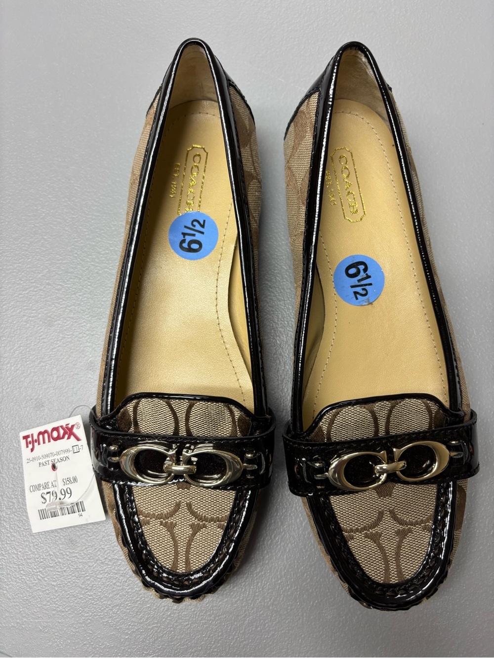 Coach Tan Signature Canvas Loafers with Black Patent Trim